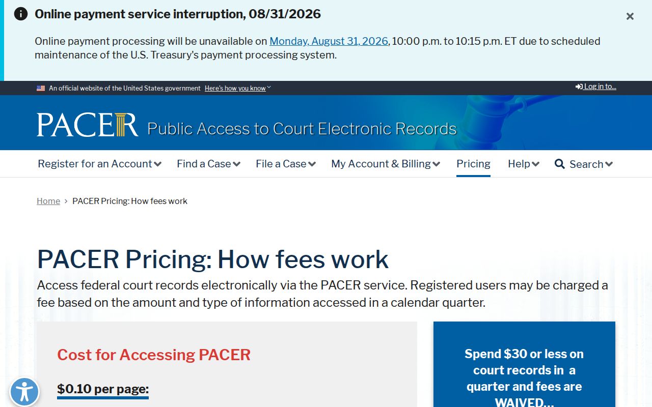 Alexander County court records federal PACER fee distinction